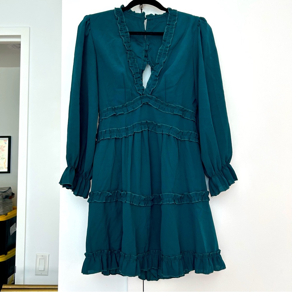Dark Teal long sleeve deep v neck ruffled tiered dress